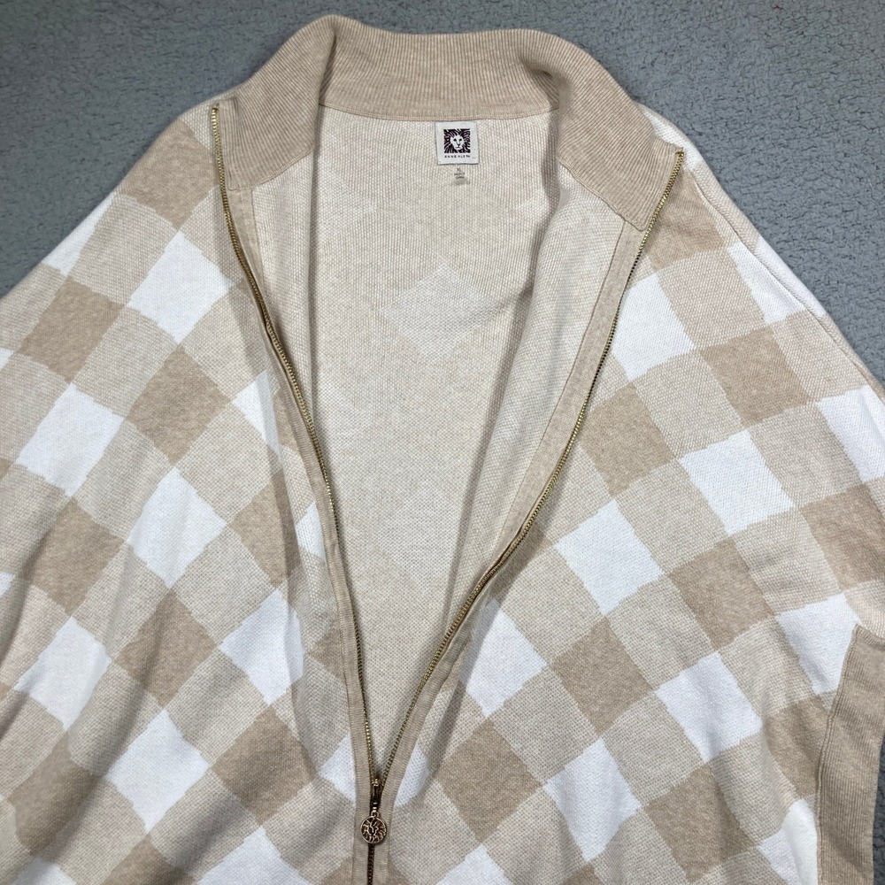 Anne Klein Poncho Sweater Womens XL Beige Plaid Zip Front Cotton Knit Cape - Picture 4 of 8